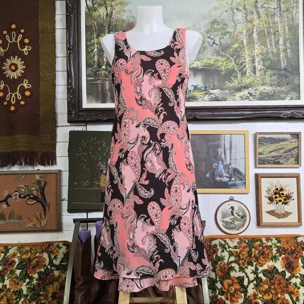 Jessica Petite Y2K Pastel Pink Paisley Floral Mini Dress Ruffle Hem Barbie